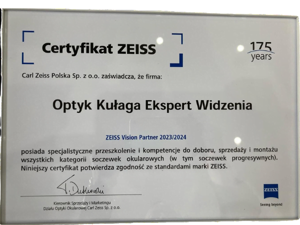 Certyfikat ZEISS Vision Partner dla salonu Optyk Kułaga Ekspert Widzenia