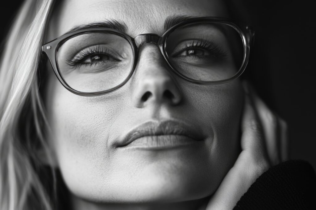 Portret kobiety w okularach z soczewkami jednoogniskowymi ZEISS